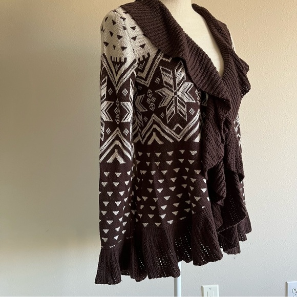 Style & co Brown and White Women's cardigan sweater open weave Ruffle front S - Picture 2 of 7